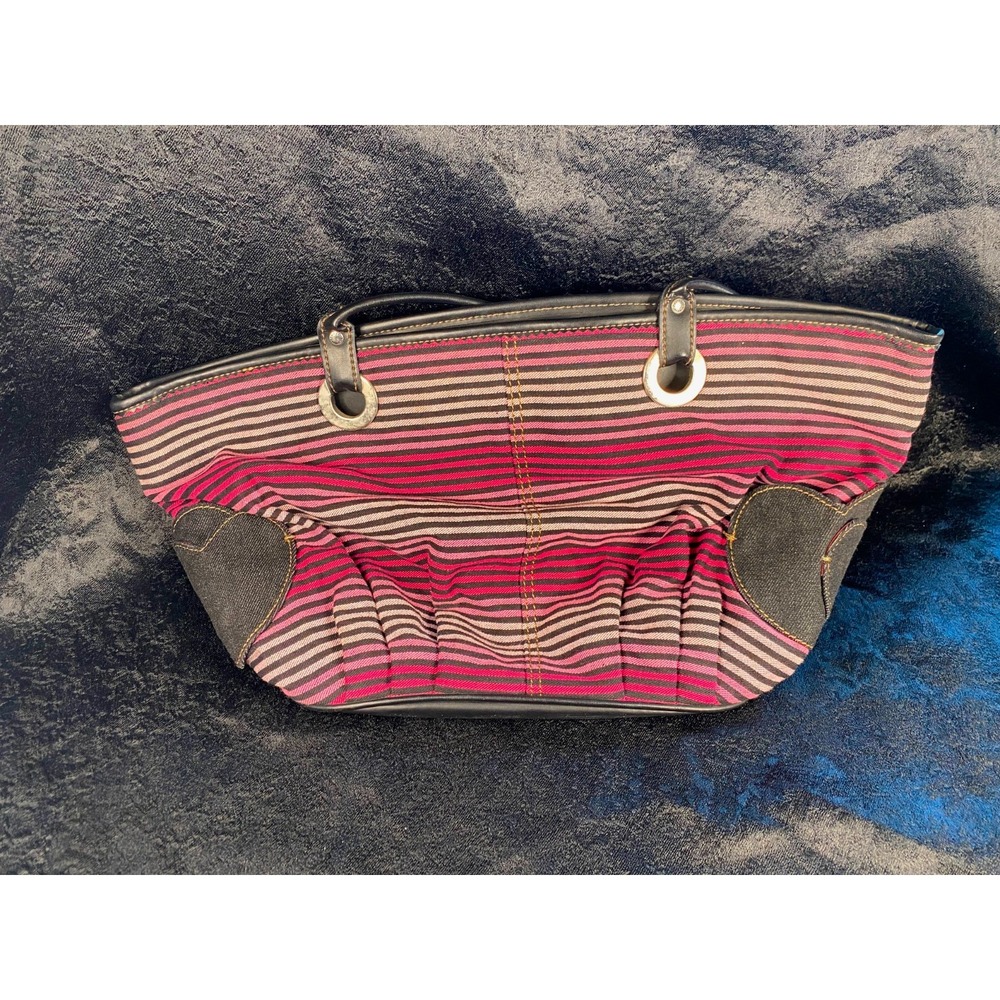 TOMMY HILFIGER BLACK & PINK STRIPED DENIM SHOULDER BAG WITH HEART POCKETS